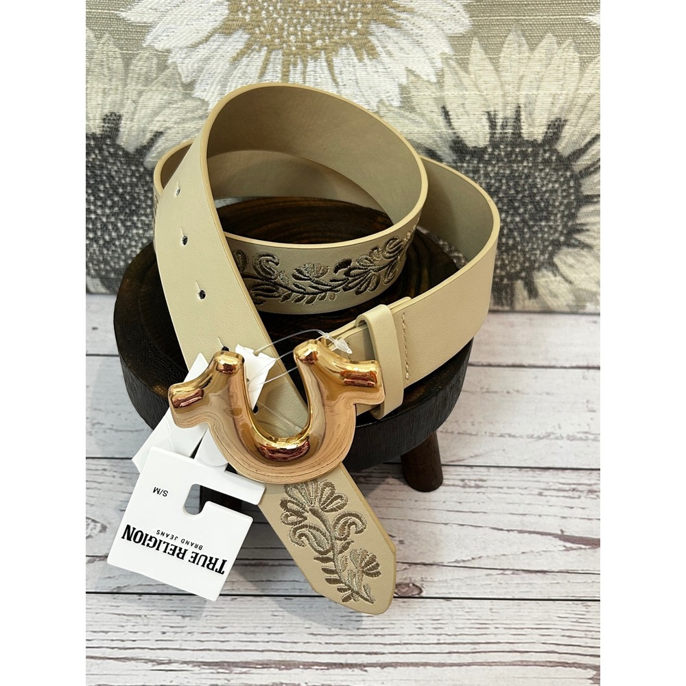True Religion Womens Tan Embroidered Horseshoe Logo Buckle Belt Gold Tone S/M